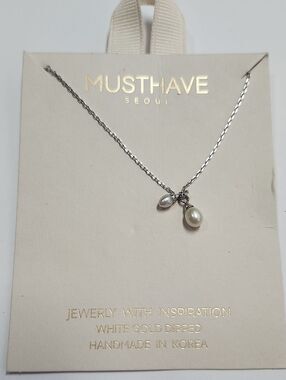 Must Have Seoul Necklace with Dual Pearl Charms White Gold Dipped